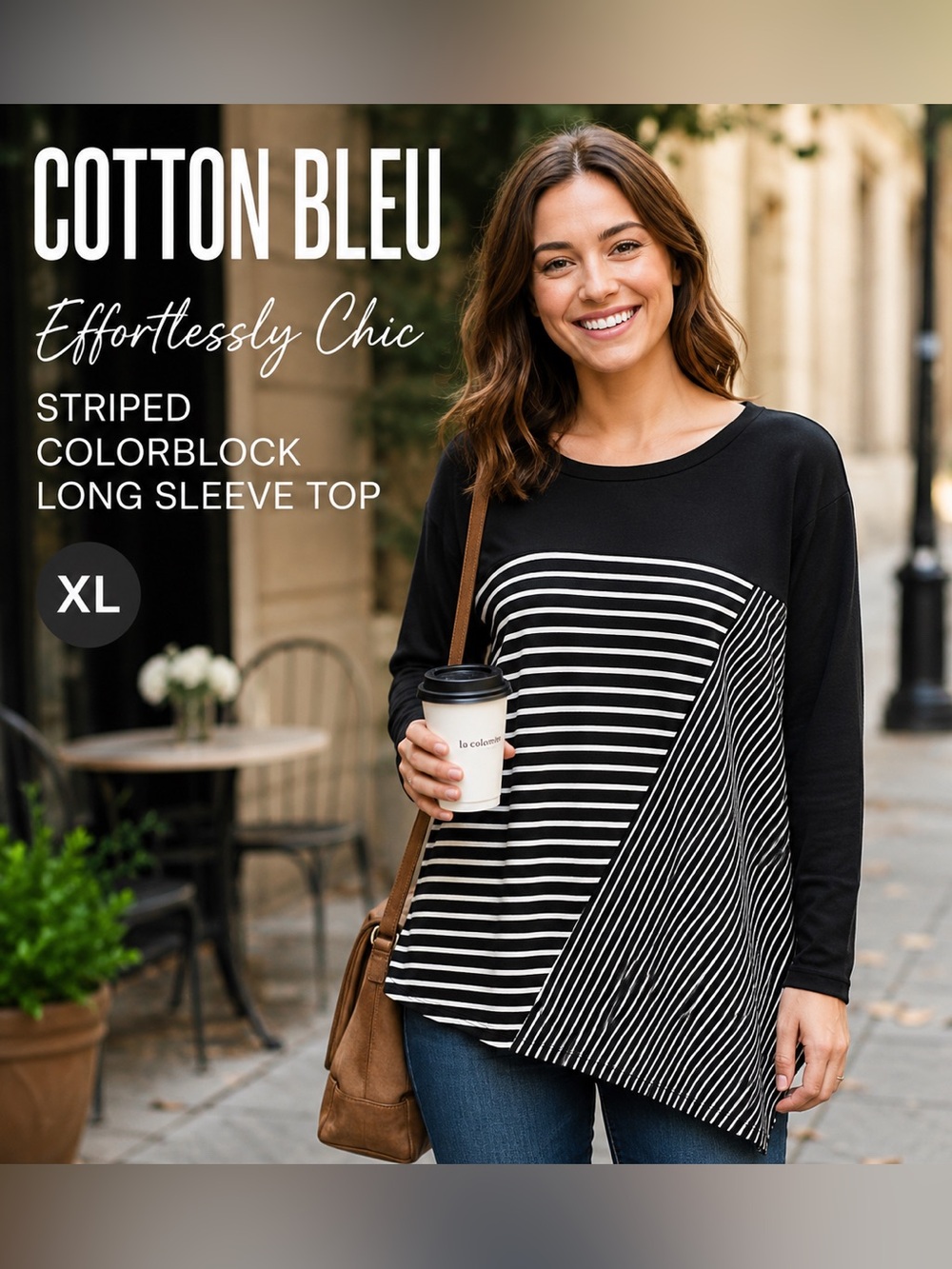 Cotton Bleu XL Black White Striped Asymmetrical Tunic Long Sleeve Top